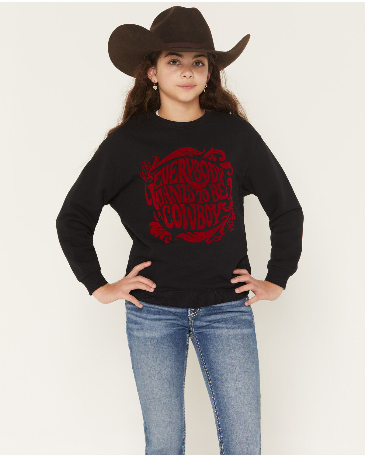 Image #1 - Wrangler X Lainey Wilson Girls' Cowboy Crew Neck Pullover Sweatshirt, Black, hi-res