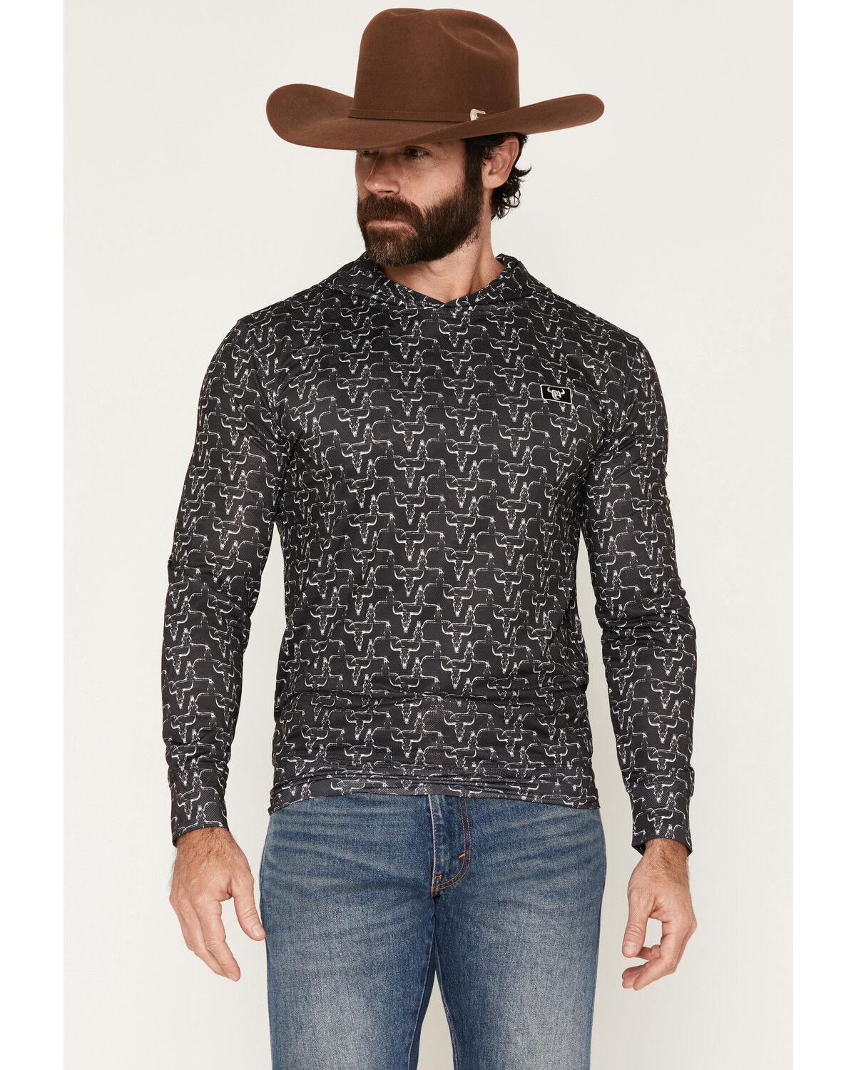 Image #1 - Cowboy Hardware Hombre Skull Print Long Sleeve Hooded Shirt, Black, hi-res