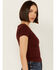 Image #2 - Shyanne Women's V Neck Short Sleeve Stretch Knit Top, Brown, hi-res