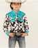 Image #1 - Cowgirl Hardware Girls' Moody Cow Print Long Sleeve Snap Western Shirt, Turquoise, hi-res