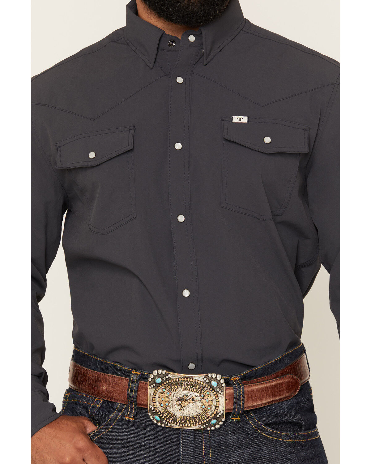 Image #3 - Ferrell Men's Tek Solid Long Sleeve Snap Performance Western Shirt, Charcoal, hi-res