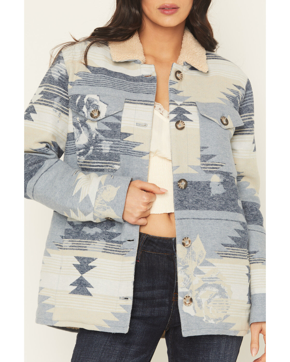 Image #3 - Idyllwind Women's Bluerose Southwestern Floral Print Sherpa Lined Jacket, Light Blue, hi-res