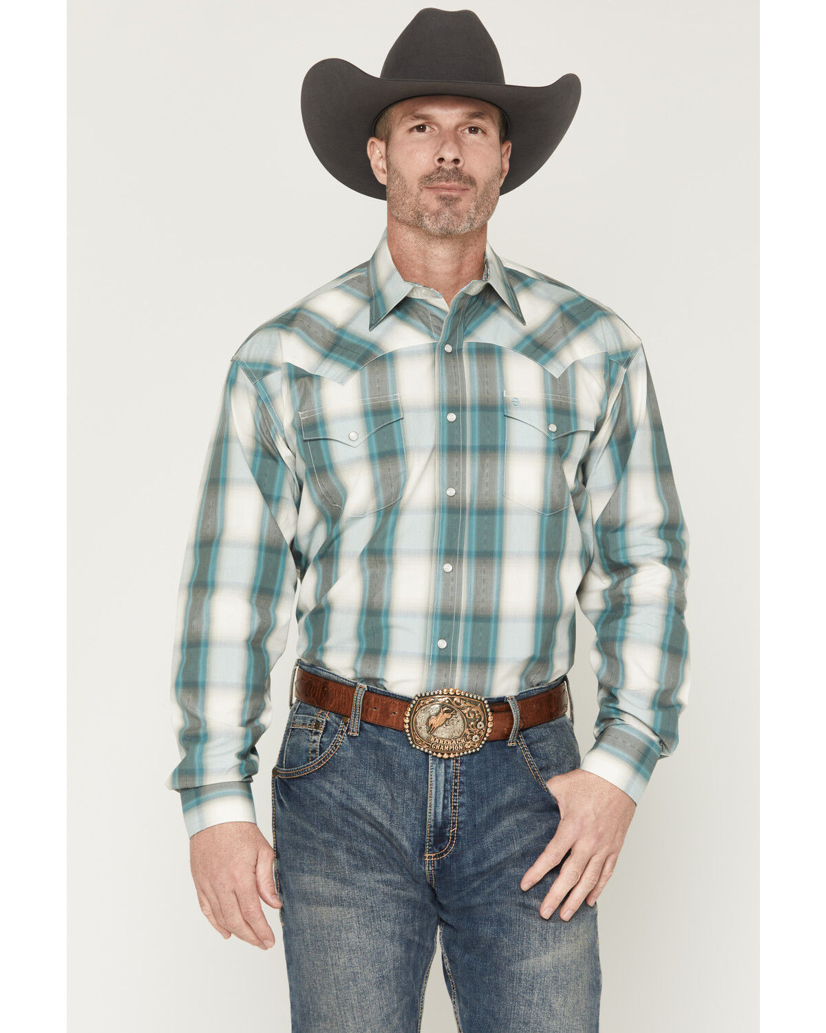 Image #1 - Stetson Men's Dobby Plaid Print Long Sleeve Snap Western Shirt, Blue, hi-res
