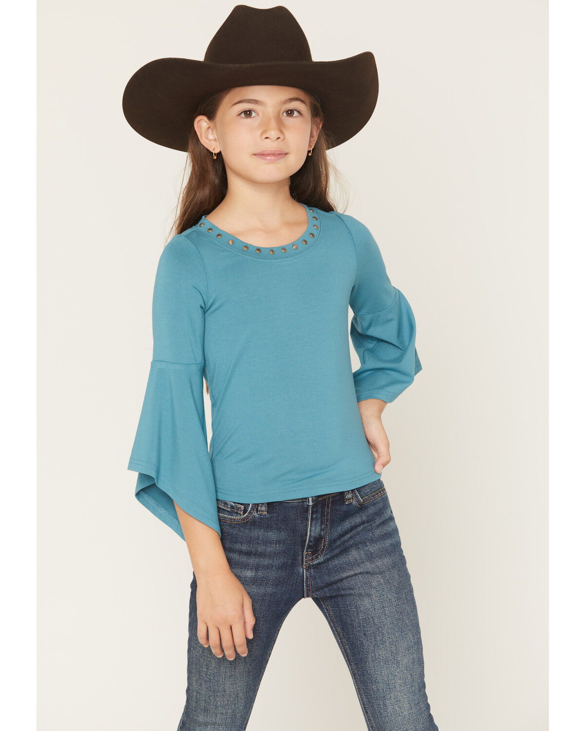 Shyanne Girls' Solid Studded Long Bell Sleeve Shirt, Turquoise, hi-res