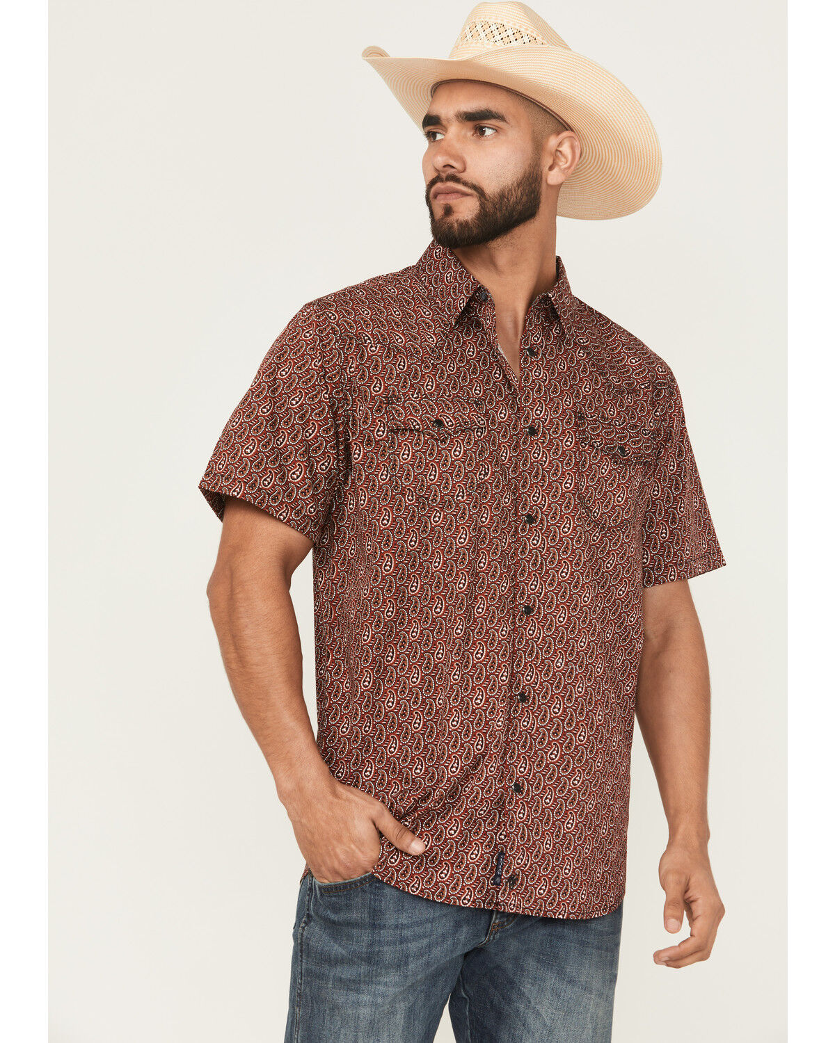 Image #1 - Moonshine Spirit&reg; Men's Lava Paisley Print Short Sleeve Snap Western Shirt, Red, hi-res