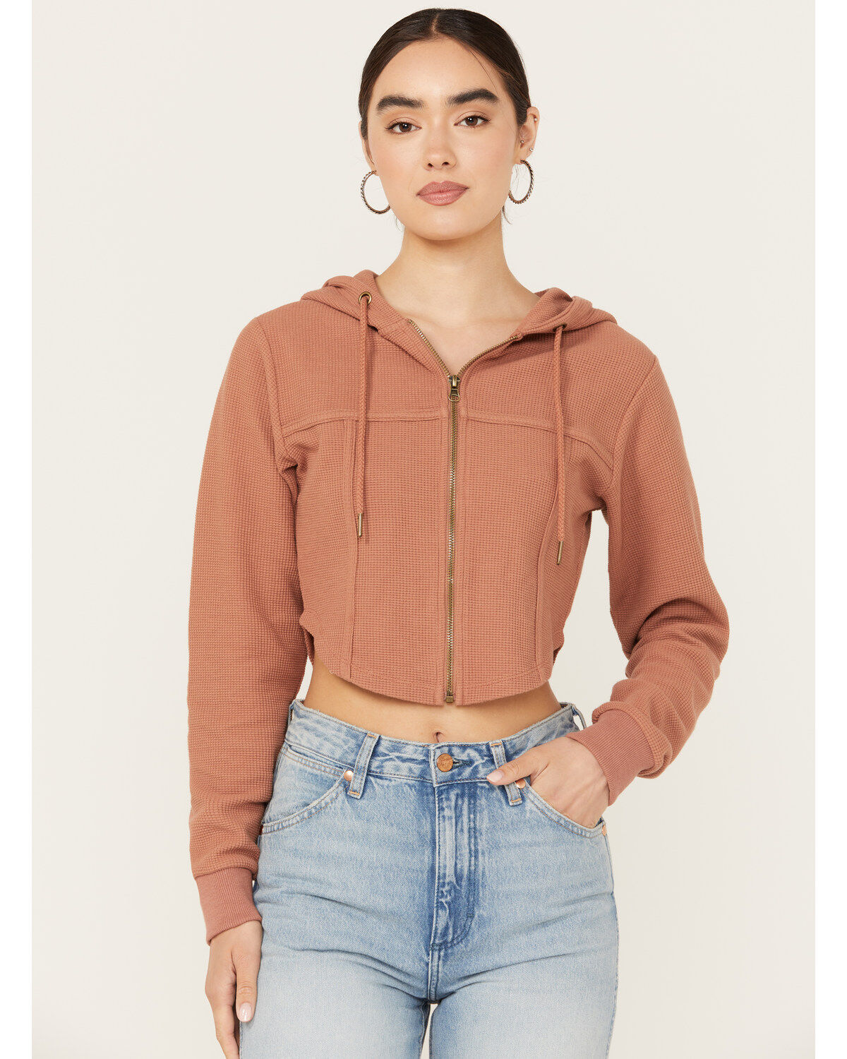 Image #1 - Cleo + Wolf Women's Corset Cropped Hoodie, Lt Brown, hi-res