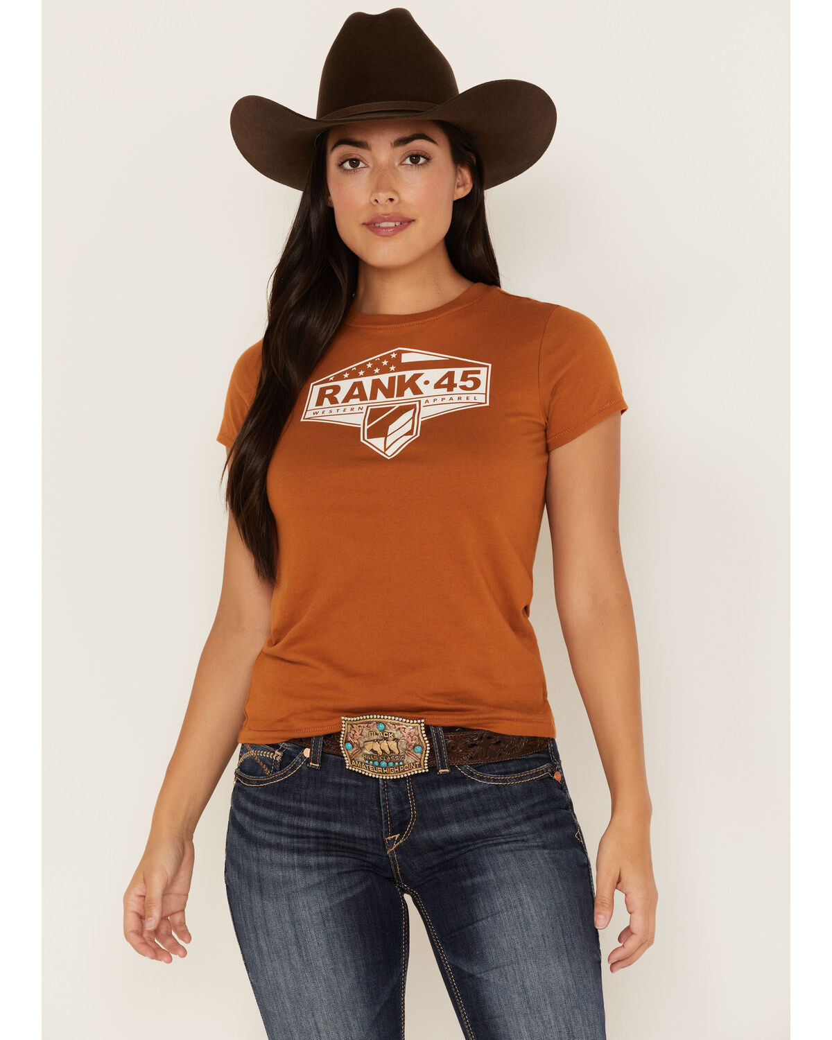 Image #1 - RANK 45&reg; Women's Logo Short Sleeve Graphic Tee, Pecan, hi-res