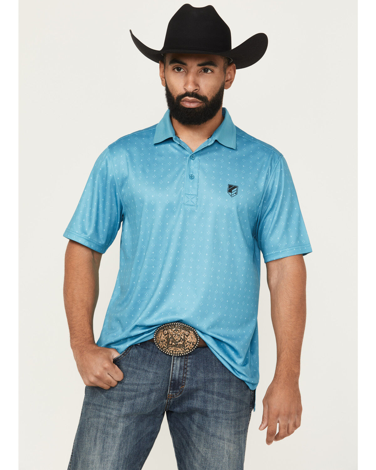 Image #1 - RANK 45&reg; Men's Crossfire Geo Print Short Sleeve Polo, Blue, hi-res