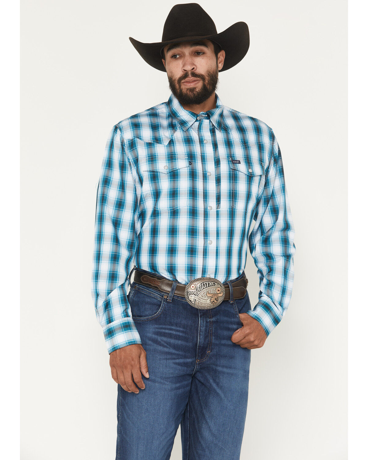 Image #1 - Wrangler Men's Plaid Print Long Sleeve Snap Performance Western Shirt, Teal, hi-res