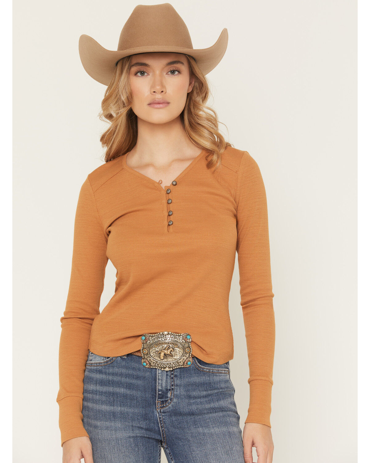 Shyanne Women's Solid Ribbed Long Sleeve 1/4 Button-Down Tee, Pecan, hi-res