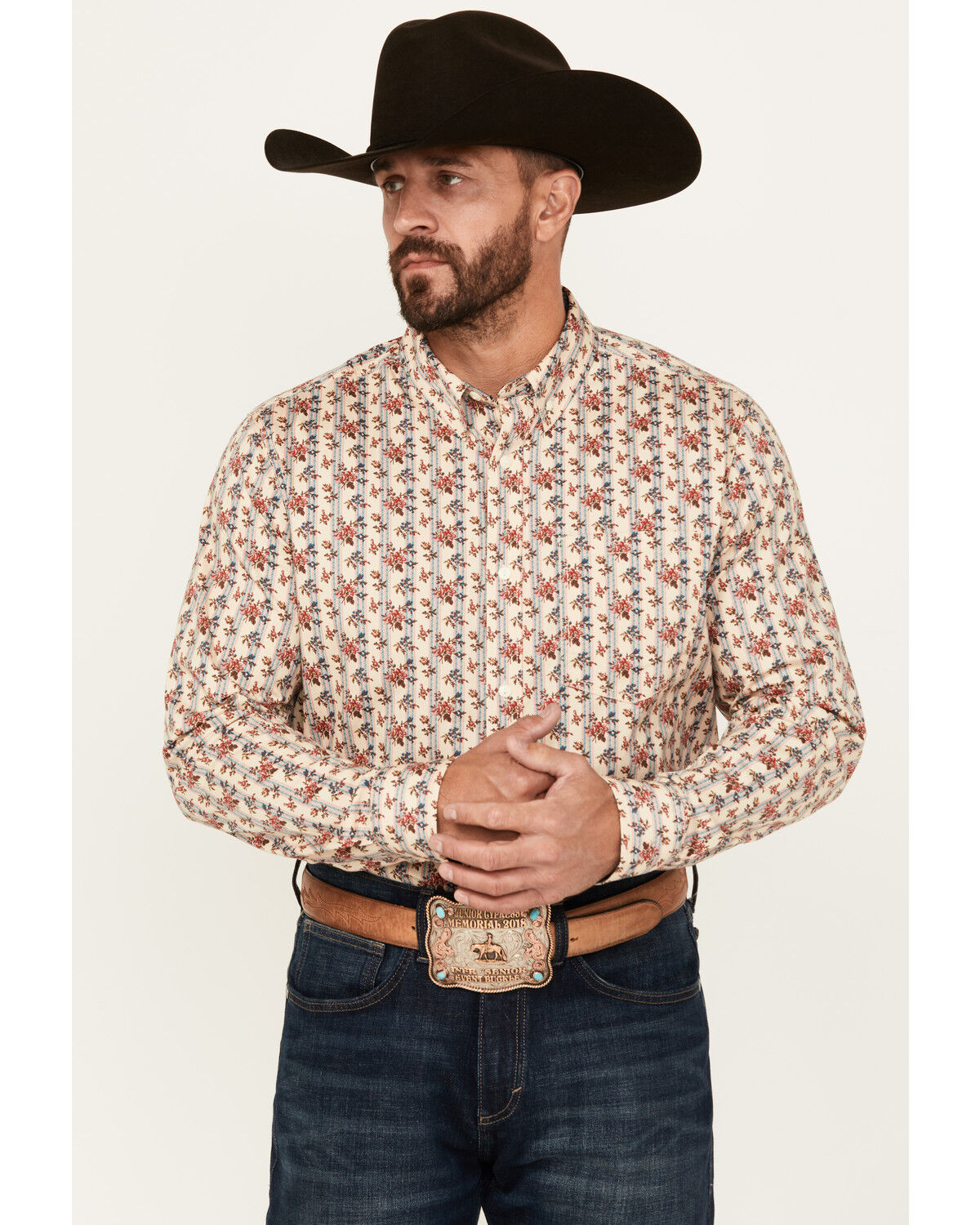 Image #1 - Cody James Men's Kenton Floral Striped Long Sleeve Button-Down Stretch Western Shirt, Cream, hi-res