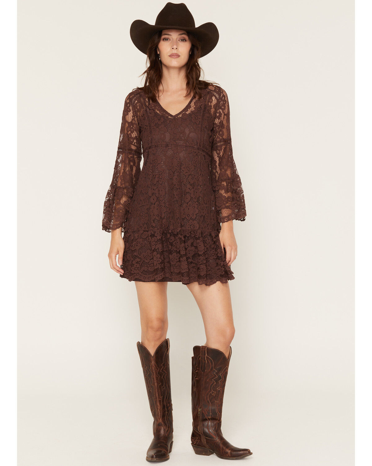 Image #1 - Scully Women's Lace Crochet Long Bell Sleeve Mini Dress, Chocolate, hi-res