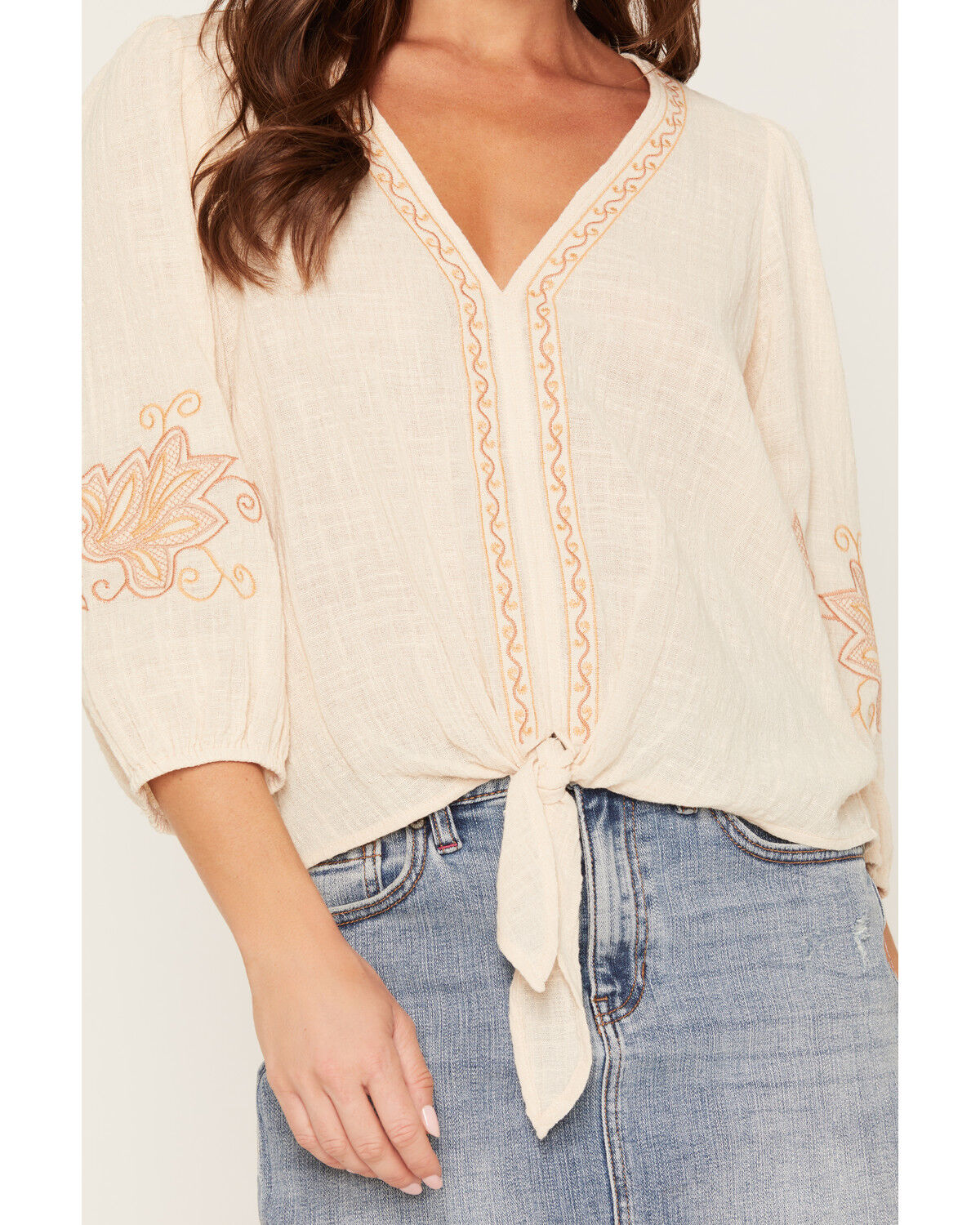 Image #3 - Lovestitch Women's Embroidered Long Sleeve Shirt, Peach, hi-res