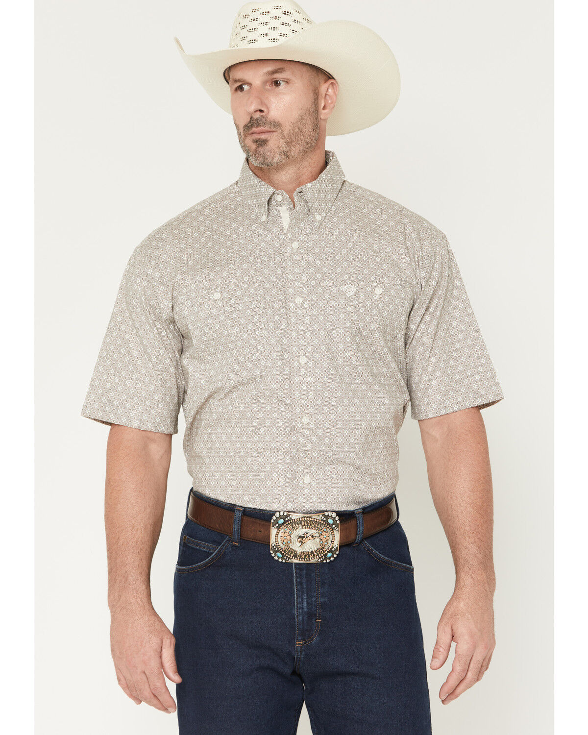 Image #1 - George Strait by Wrangler Men's Floral Geo Print Short Sleeve Button-Down Stretch Western Shirt - Tall, Brown, hi-res