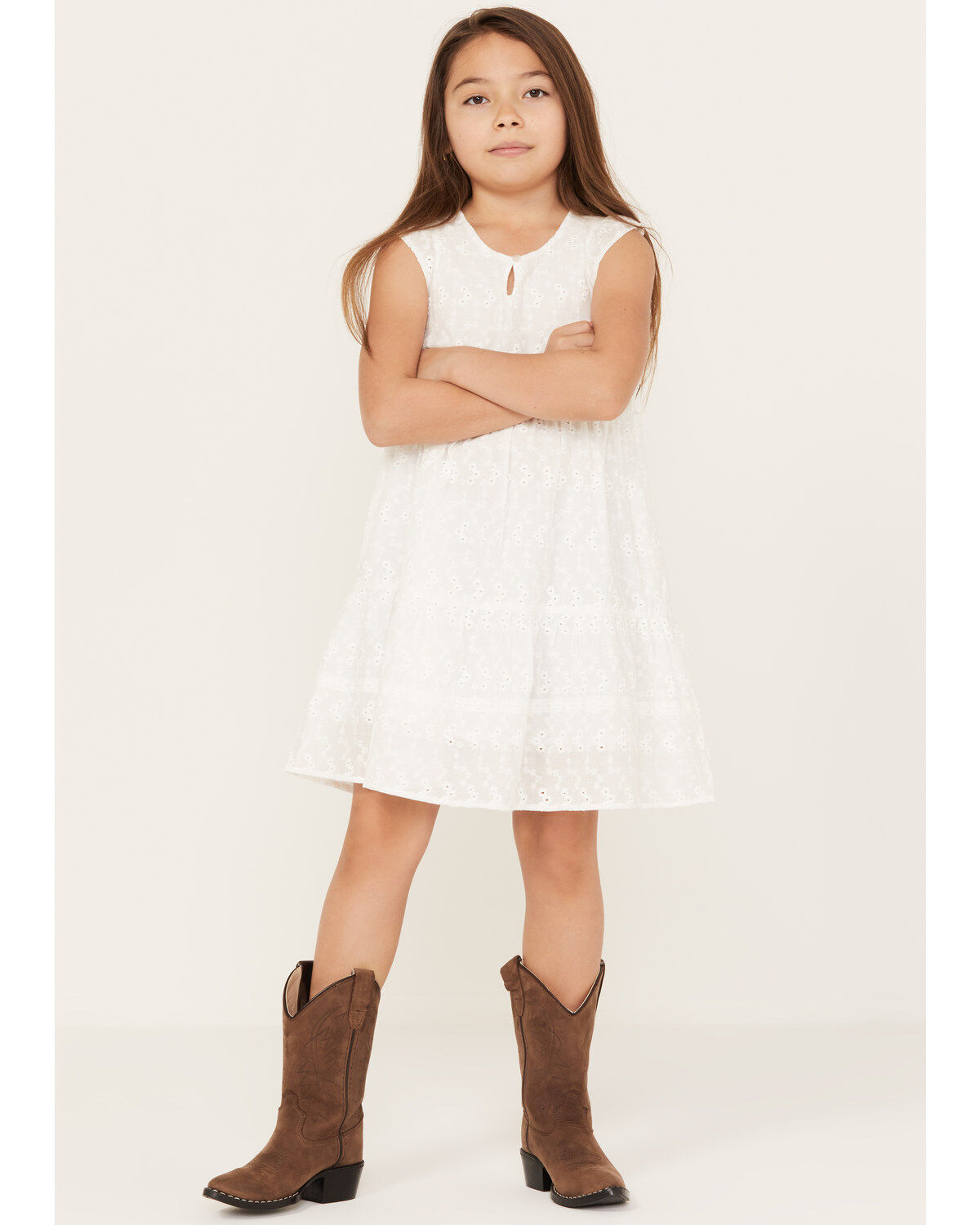 Shyanne Girls' Eyelet Western Dress, White, hi-res