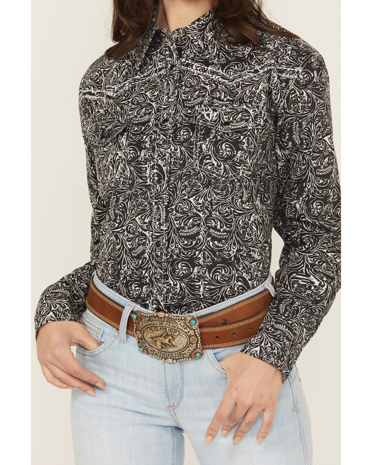 Image #3 - Cowgirl Hardware Women's Scroll Print Long Sleeve Snap Stretch Western Shirt, Black, hi-res