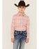 Image #1 - Panhandle Girls' Southwestern Print Long Sleeve Pearl Snap Western Shirt , Pink, hi-res