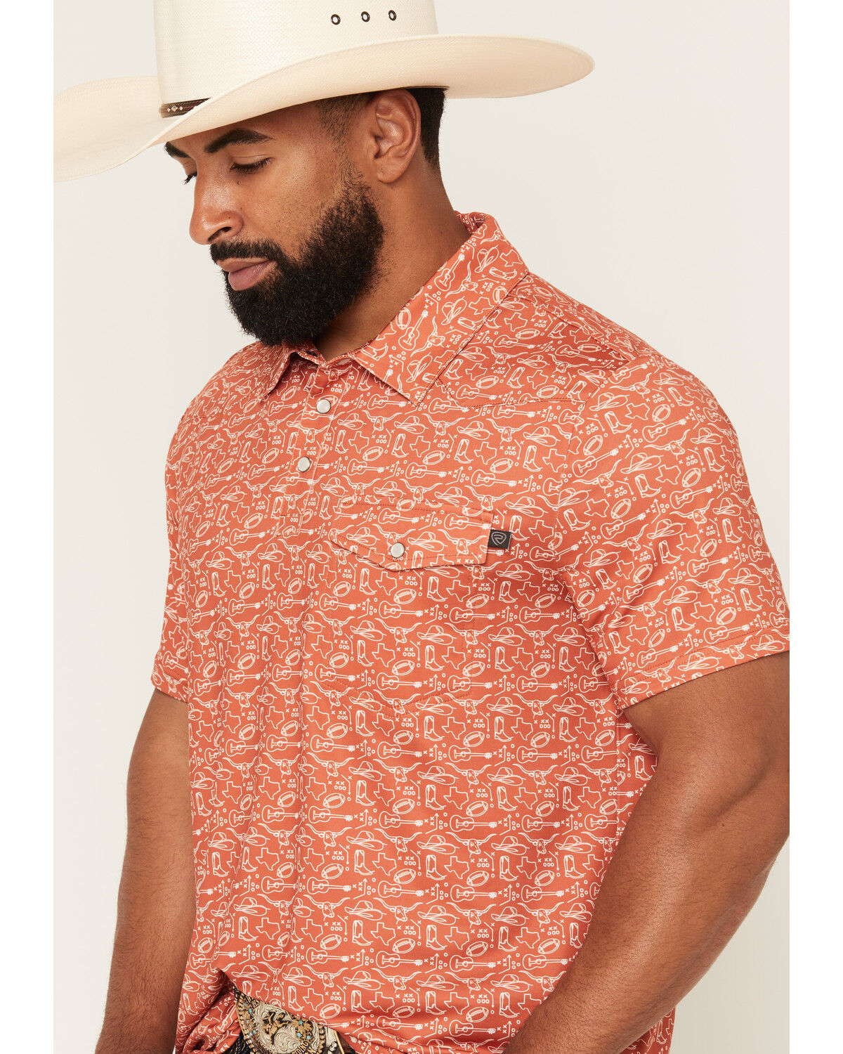 Image #2 - Panhandle Men's Game Day Short Sleeve Snap Stretch Polo, Orange, hi-res