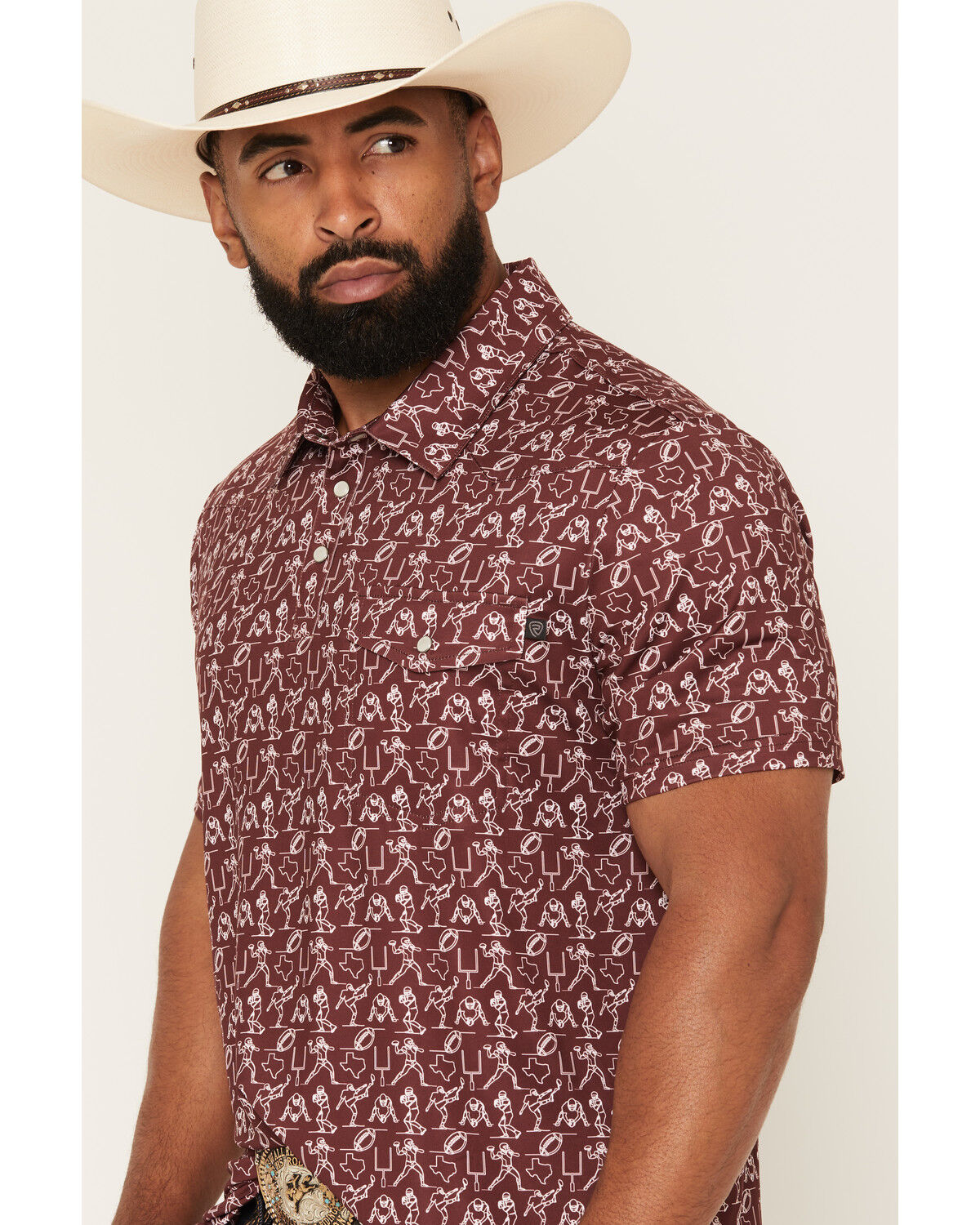 Image #2 - Rock & Roll Denim Men's Game Day Short Sleeve Snap Polo, Maroon, hi-res