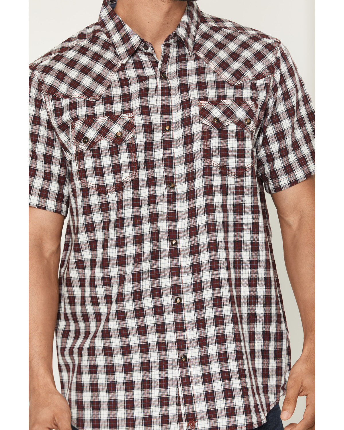 Image #3 - Moonshine Spirit&reg; Men's West Virginia Plaid Print Short Sleeve Snap Flannel Shirt, Burgundy, hi-res