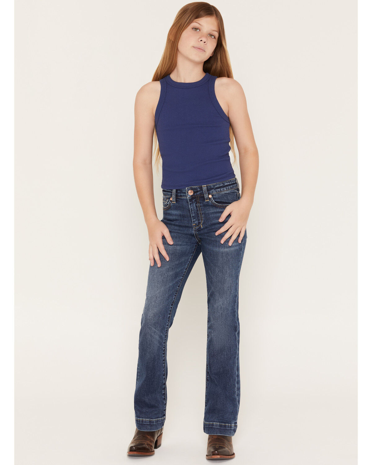 Image #3 - 7 For All Mankind Girls' Melrose Dark Wash Mini Dojo Trouser Stretch Denim Jeans, Blue, hi-res