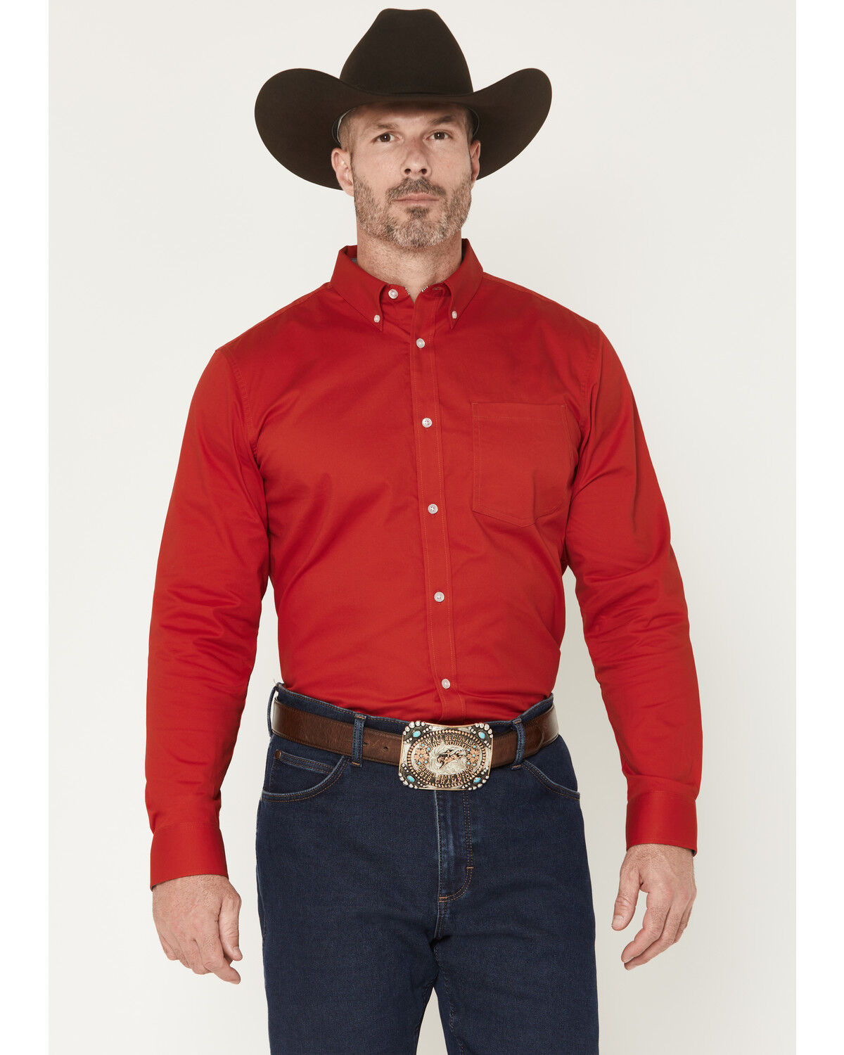 Cody James Men's Performance Twill Solid Long Sleeve Button-Down Stretch Western Shirt, Medium Red, hi-res