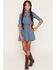 Image #1 - Sugar California Girls' Medium Wash 3/4 Sleeve Denim Fringe Mini Dress, Medium Wash, hi-res