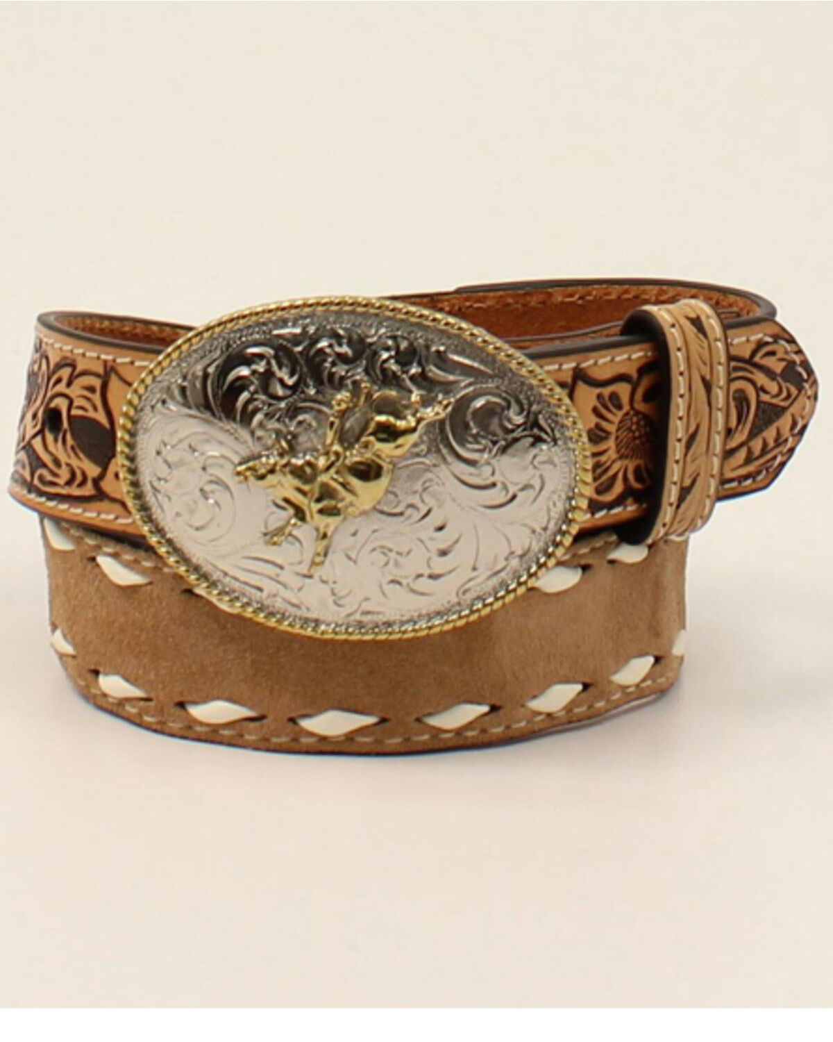 Cody James Boys' Tooled Tab Bull Rider Western Belt, Tan, hi-res