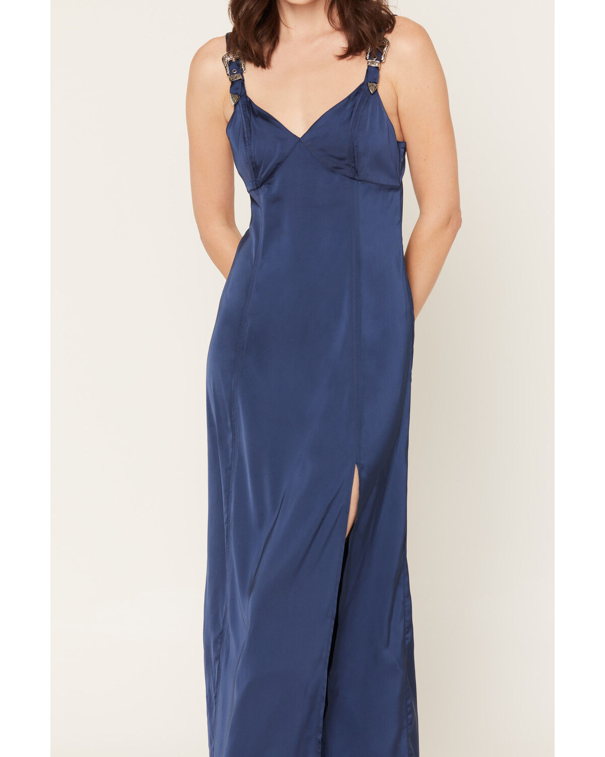 Image #3 - Rock & Roll Denim Women's Sleeveless Buckle Detail Satin Maxi Dress, Navy, hi-res