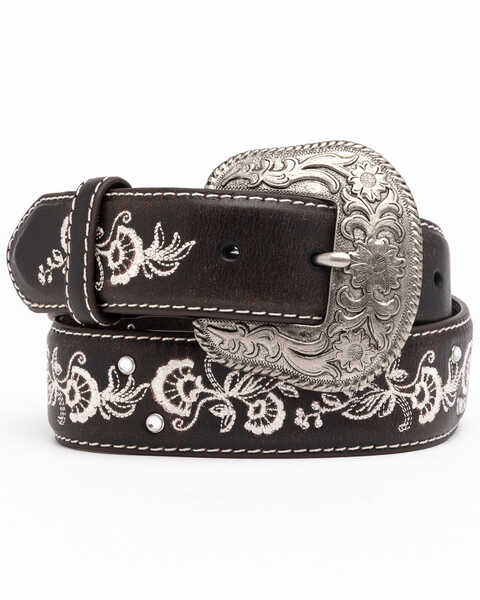 Image #1 - Shyanne Women's Chocolate Floral Embroidered Crystal Western Belt , Chocolate, hi-res