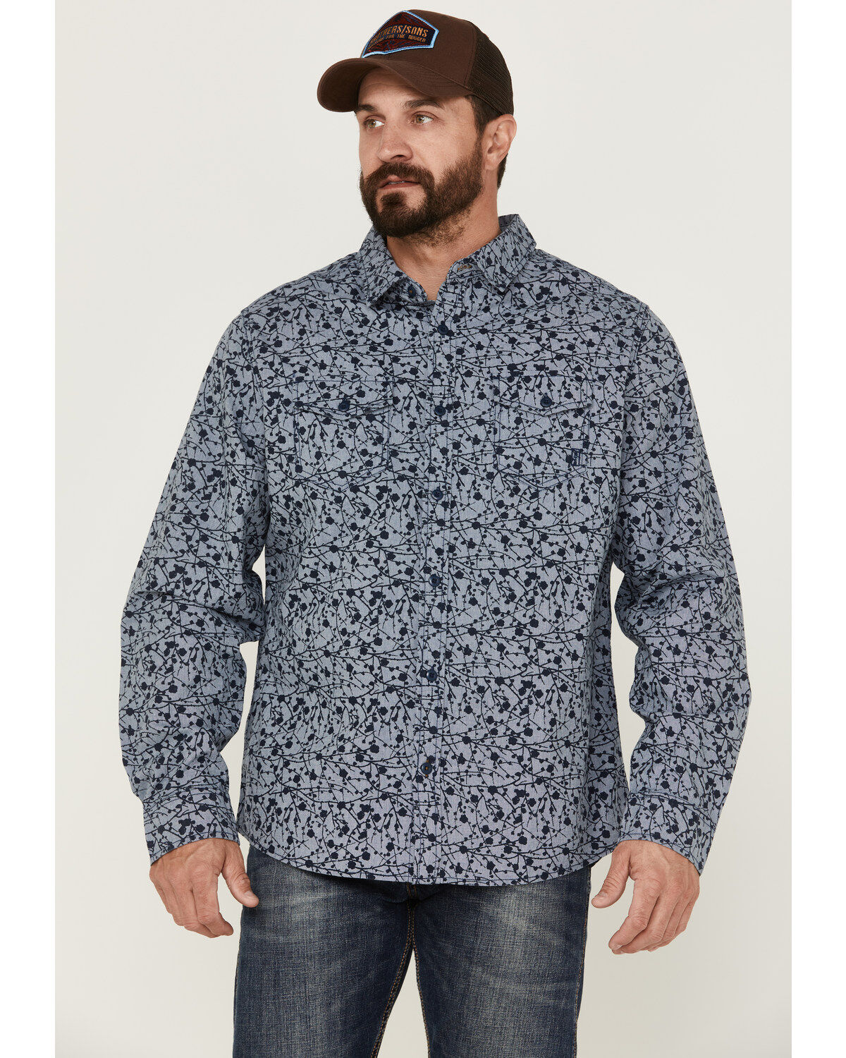 Image #1 - Brothers and Sons Men's All-Over Print Long Sleeve Button-Down Western Shirt, Navy, hi-res