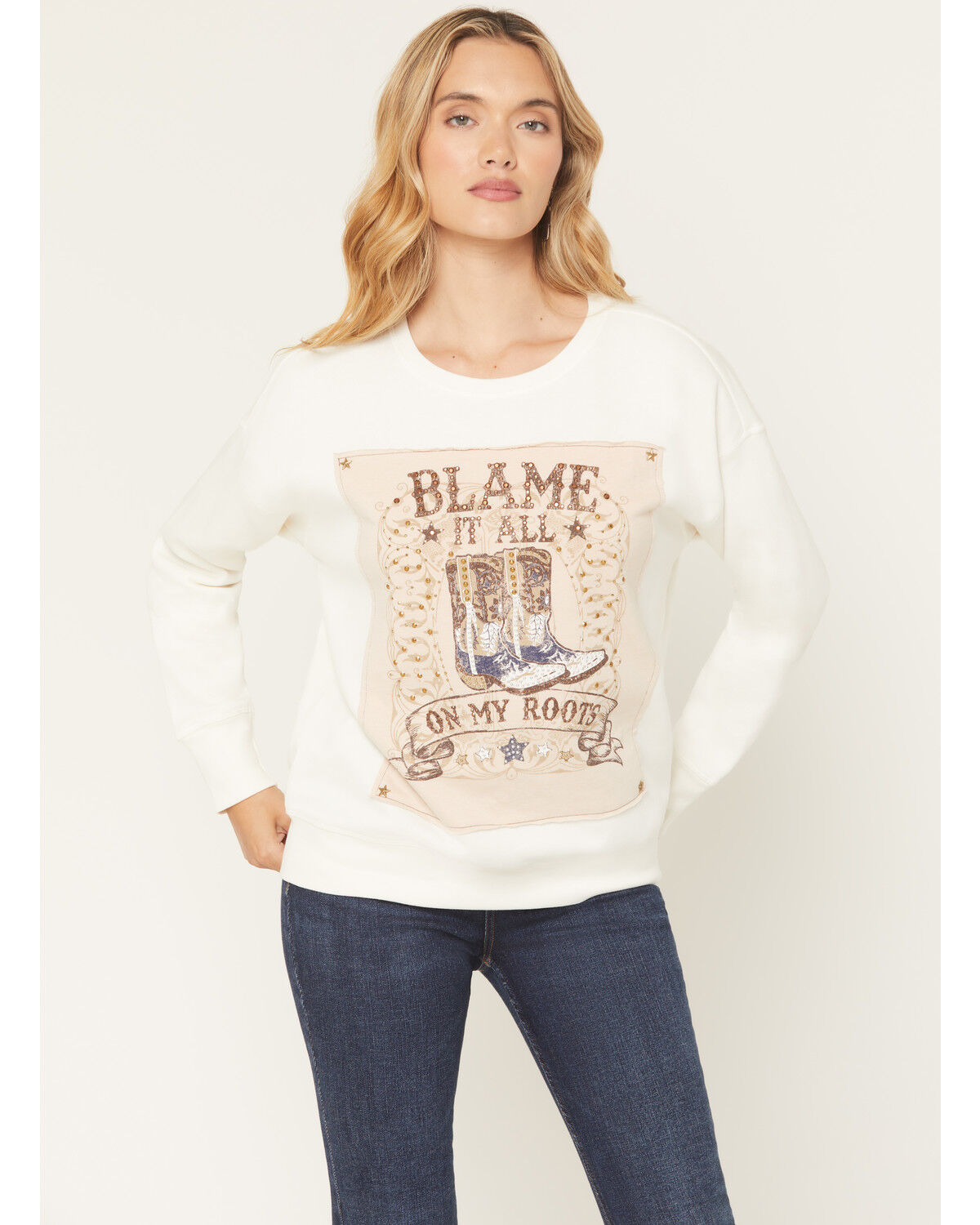 Blended Women's Boots Embellished Graphic Crewneck Sweatshirt, White, hi-res