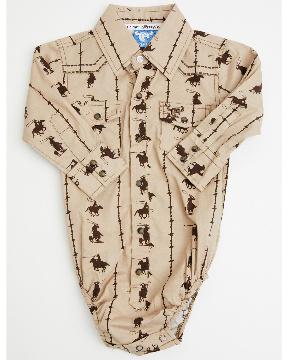 Image #1 - Cowboy Hardware Infant Boys' Barbed Printed Long Sleeve Snap Onesie, Tan, hi-res