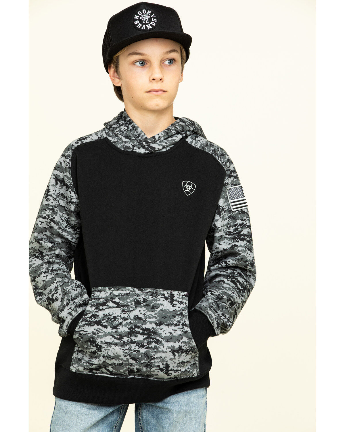 Ariat Boys' Digi Camo Patriot Hooded Sweatshirt, Grey, hi-res