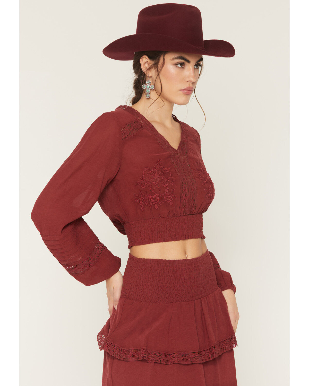 Image #4 - Shyanne Women's Embroidered Smocked Long Sleeve Shirt, Burgundy, hi-res