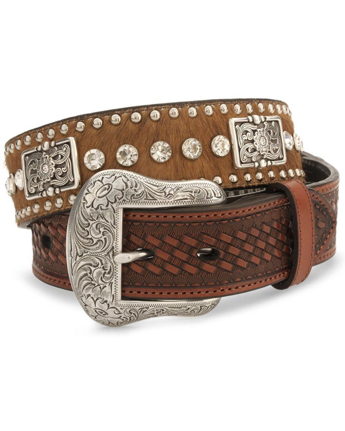 Nocona Men's Crystal Studded Hair-On-Hide Leather Belt - Reg & Big, Brown, hi-res