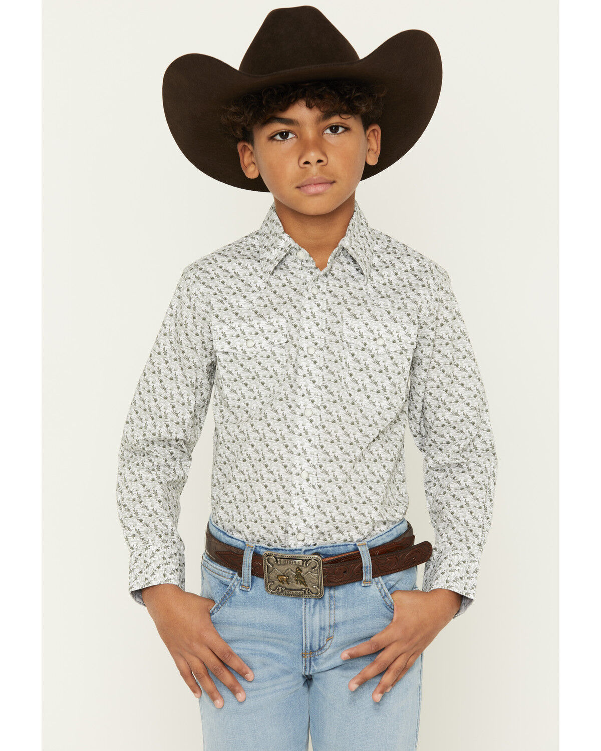 Wrangler 20X Boy's Conversational Print Long Sleeve Snap Stretch Western Shirt, Olive, hi-res