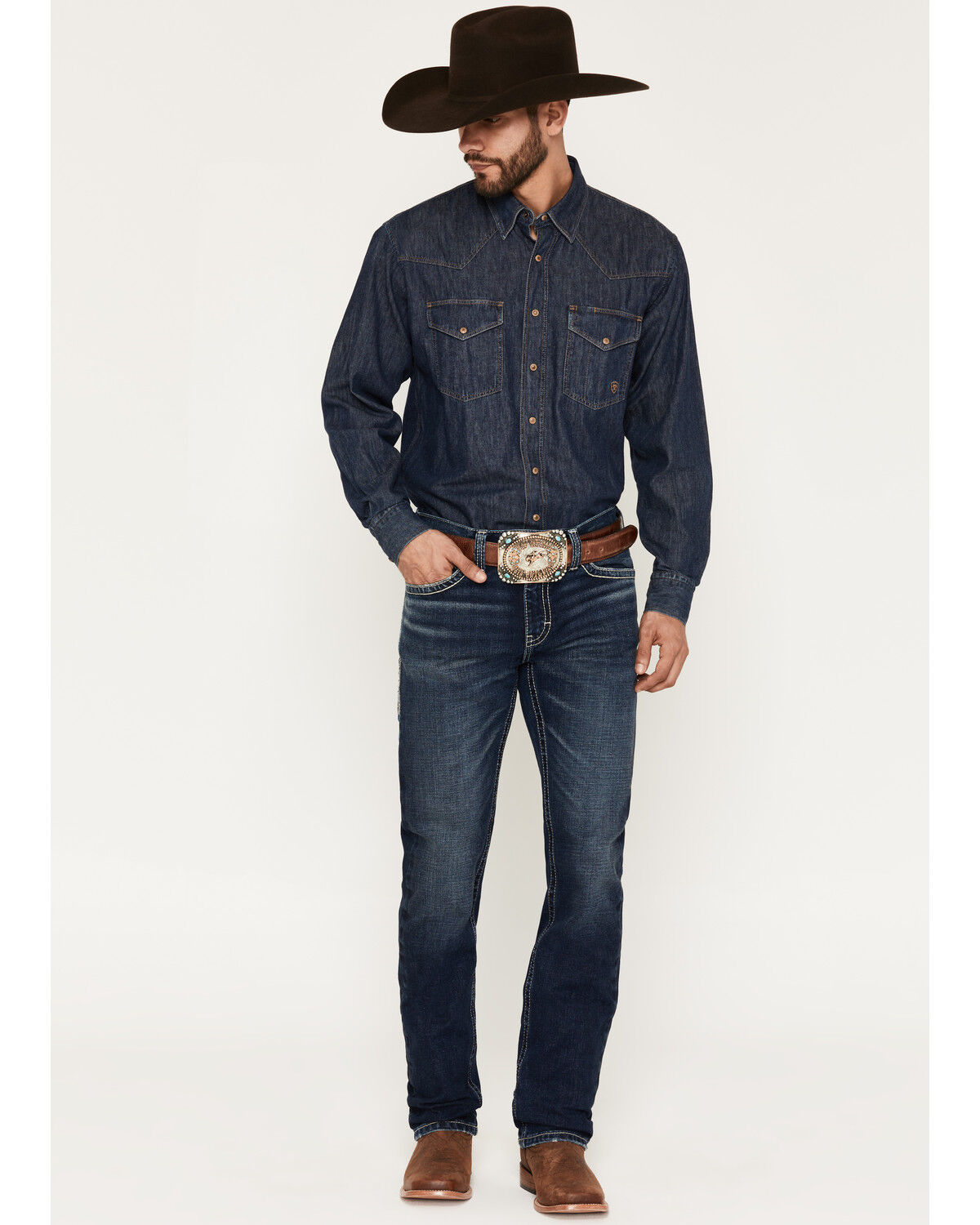 Ariat Men's M8 Hillcrest Carlington Dark Wash Straight Stretch Denim Jeans, Dark Wash, hi-res