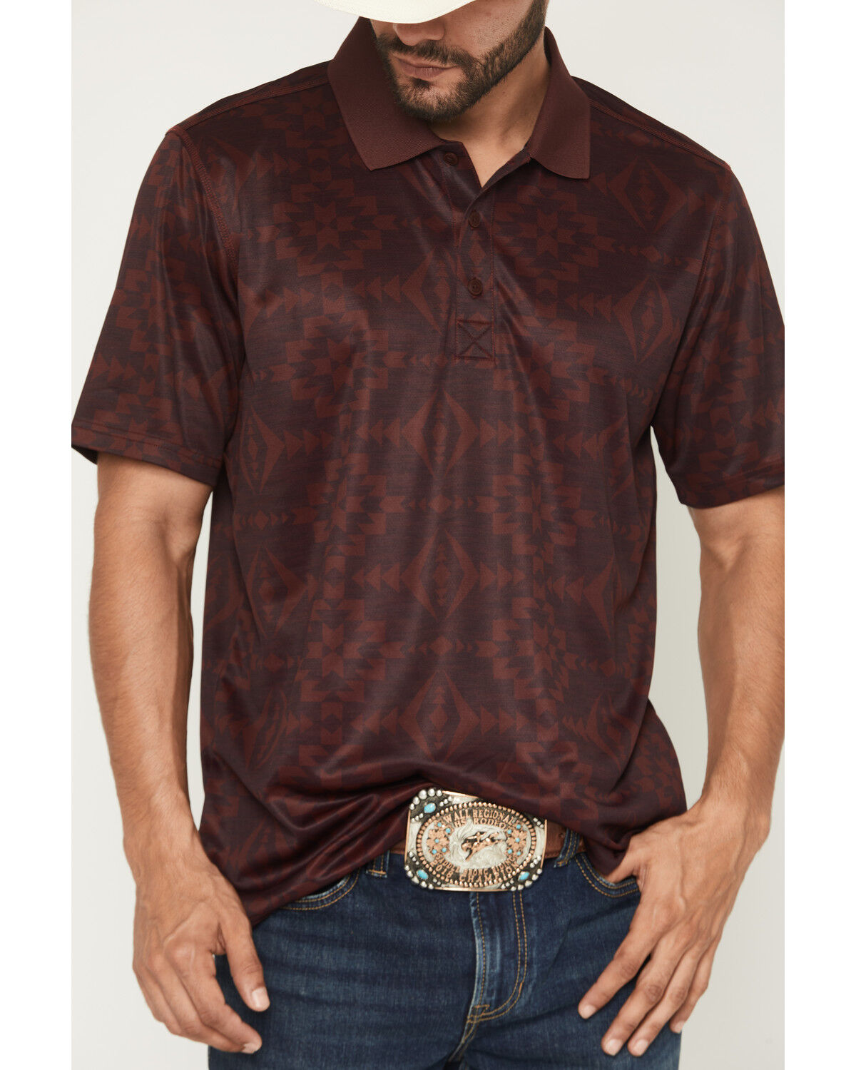 Image #3 - RANK 45&reg; Men's Tonal Southwestern Print Short Sleeve Button-Down Polo, Burgundy, hi-res