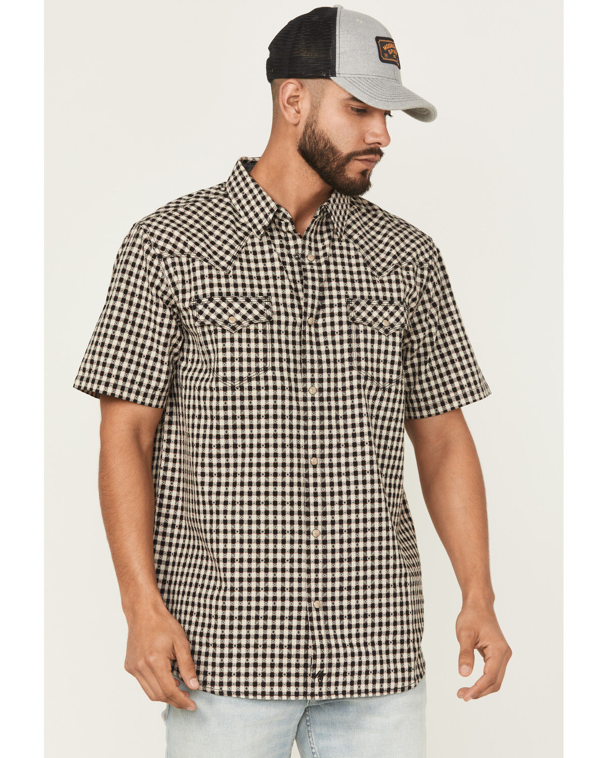 Image #1 - Moonshine Spirit&reg; Men's Checkers Plaid Print Short Sleeve Snap Western Shirt, Tan, hi-res