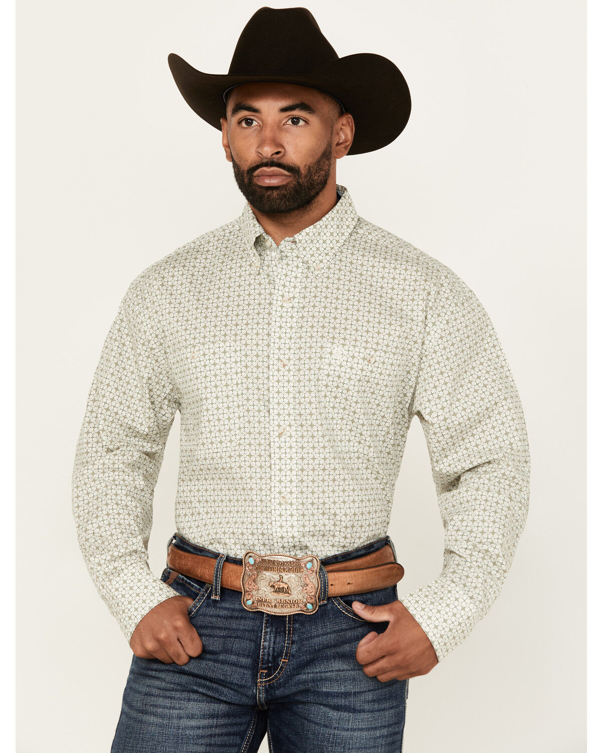 Image #1 - George Strait by Wrangler Men's Medallion Print Long Sleeve Button-Down Western Shirt, White, hi-res