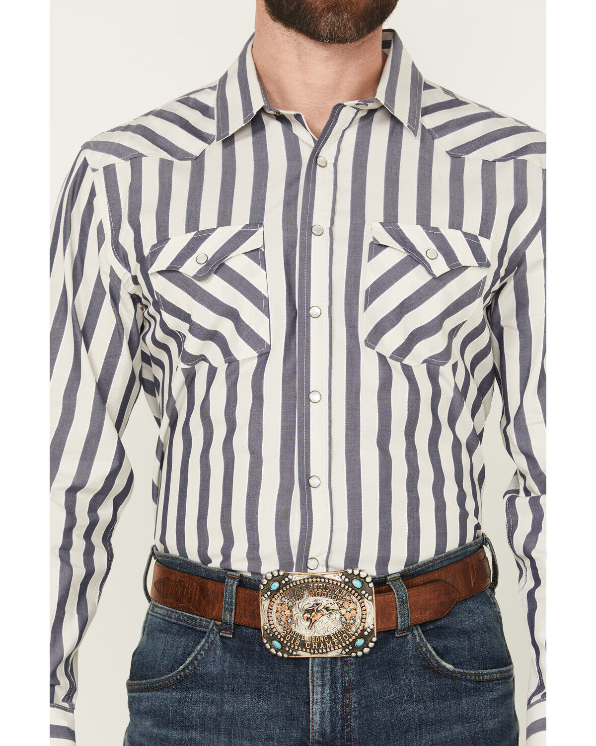 Image #3 - Panhandle Men's Striped Long Sleeve Pearl Snap Western Shirt, Cream, hi-res