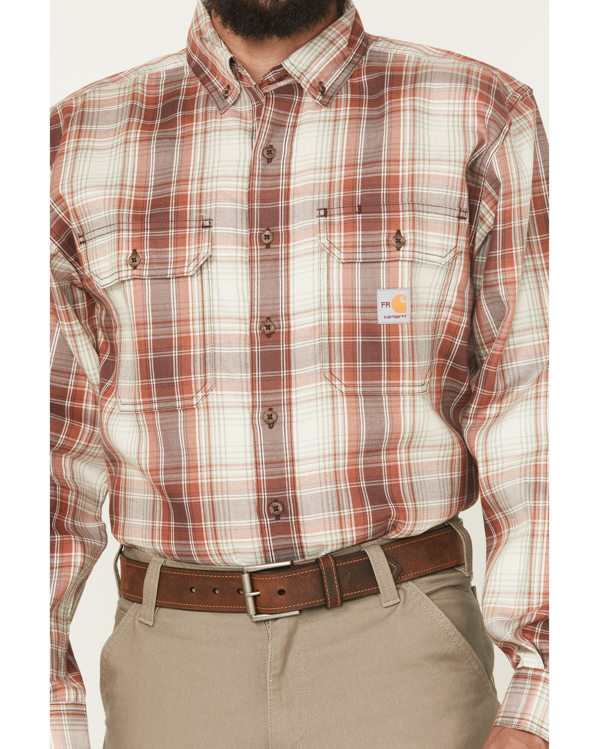 Image #3 - Carhart Men's FR Force Rugged Flex&reg; Loose Fit Midweight Plaid Print Long Sleeve Button-Down Work Shirt, Wine, hi-res