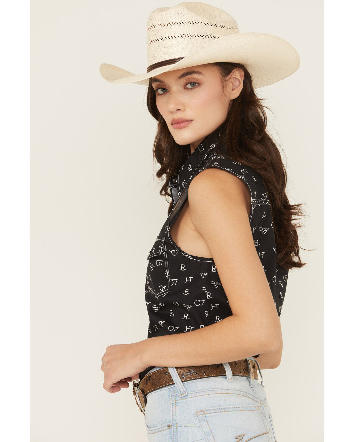 Image #2 - Cowgirl Hardware Women's Branded Print Sleeveless Rhinestone Snap Stretch Western Shirt, , hi-res