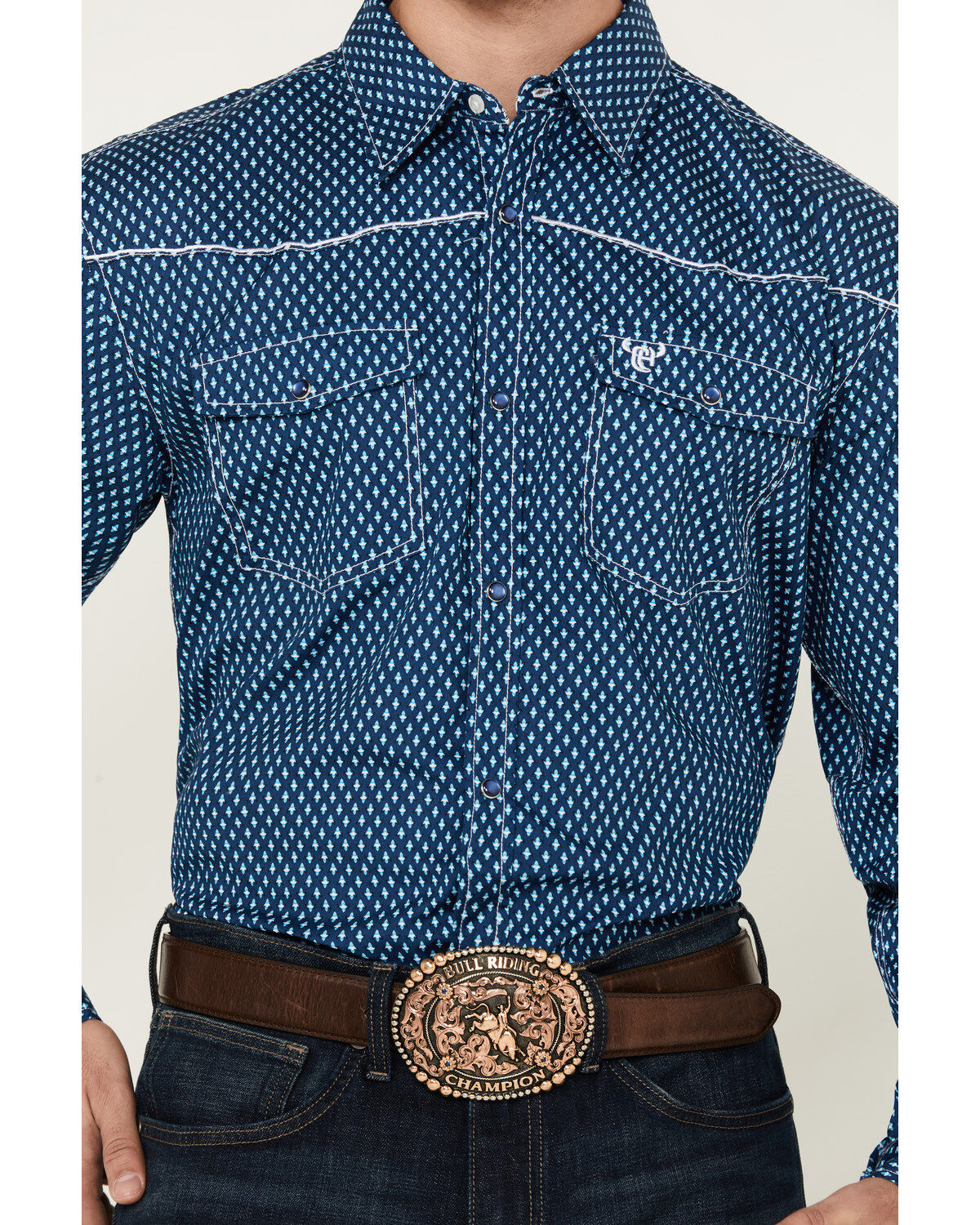 Image #3 - Cowboy Hardware Men's Fleur de Cowboy Print Long Sleeve Pearl Snap Western Shirt, Navy, hi-res