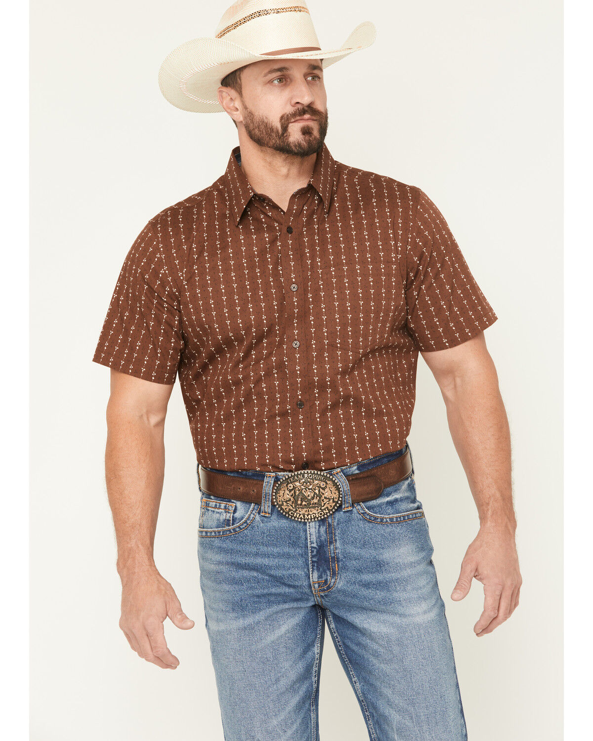 Cody James Men's Westward Floral Striped Short Sleeve Button-Down Stretch Western Shirt, Brown, hi-res