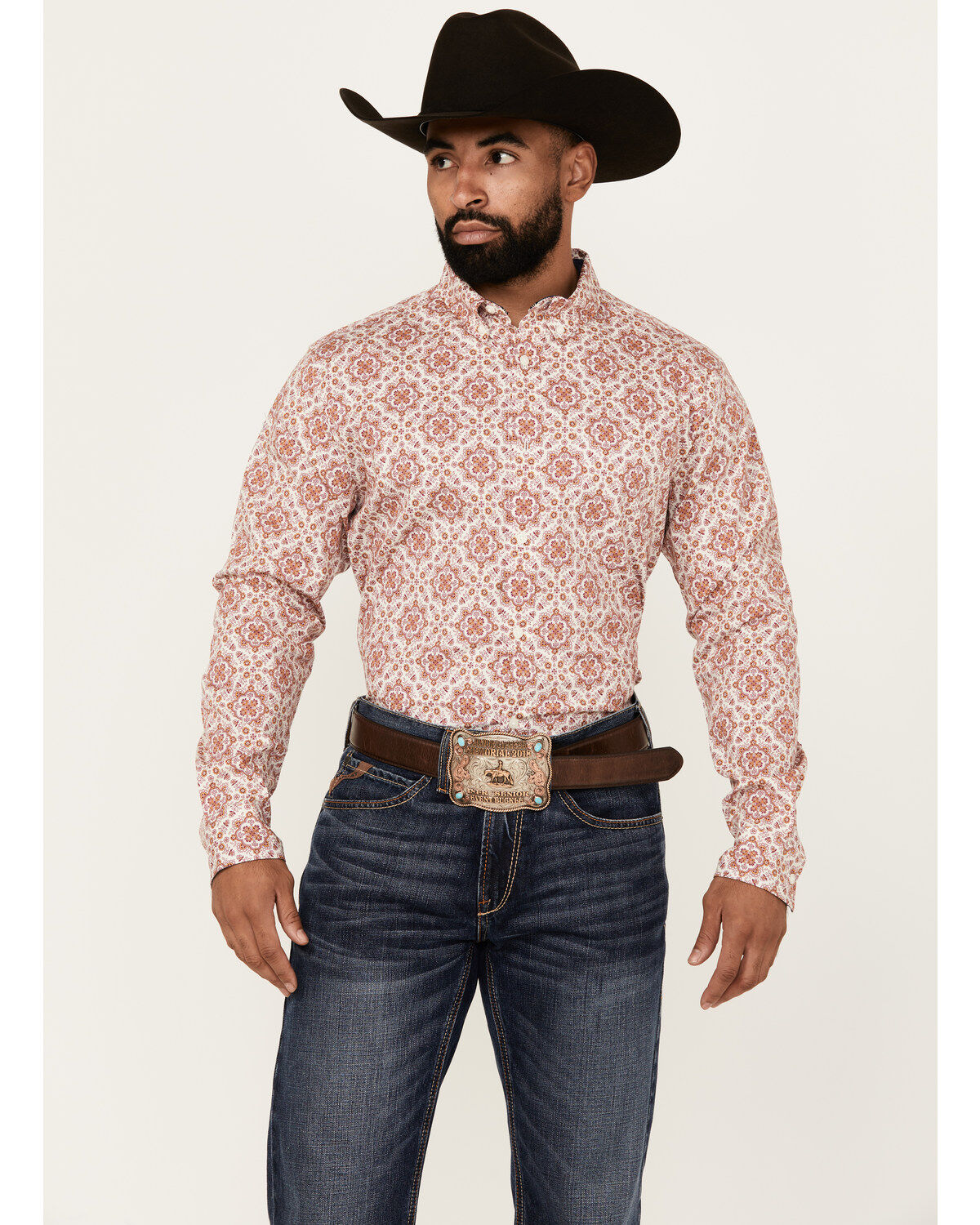 Image #1 - Cody James Men's Lucky One Medallion Print Long Sleeve Button-Down Stretch Western Shirt, Burgundy, hi-res