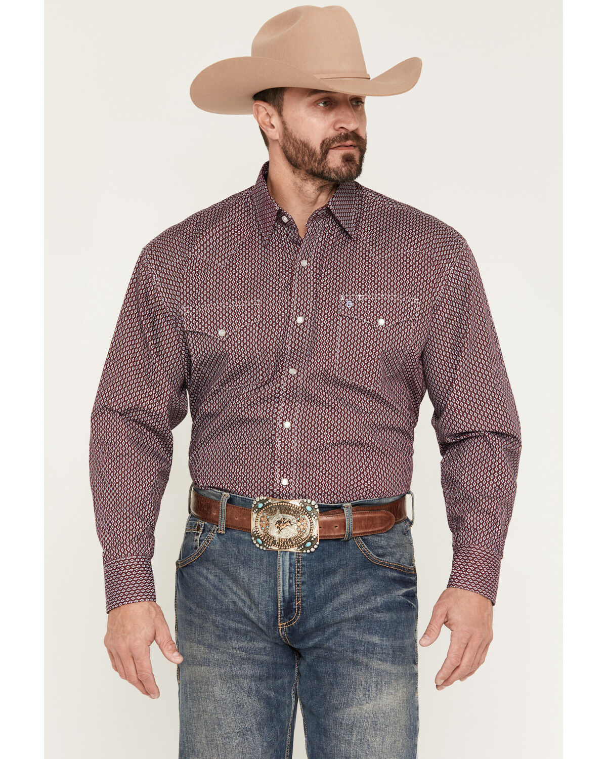Image #1 - Stetson Men's Micro Geo Print Long Sleeve Snap Western Shirt, Wine, hi-res