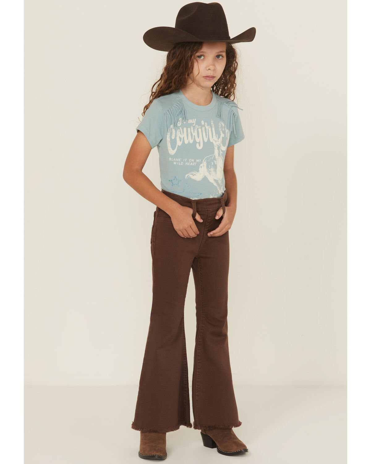 Shyanne Little Girls' Pull-On Flare Stretch Denim Jeans, Brown, hi-res