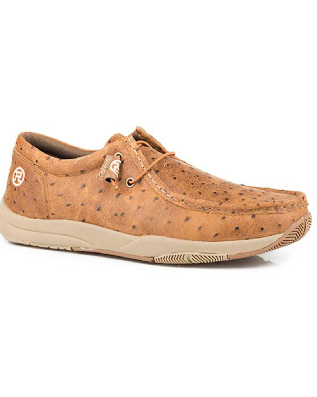 Roper Men's Clear Cut Low Stamped Ostrich Leather Chukka Shoe - Moc Toe, Tan, hi-res
